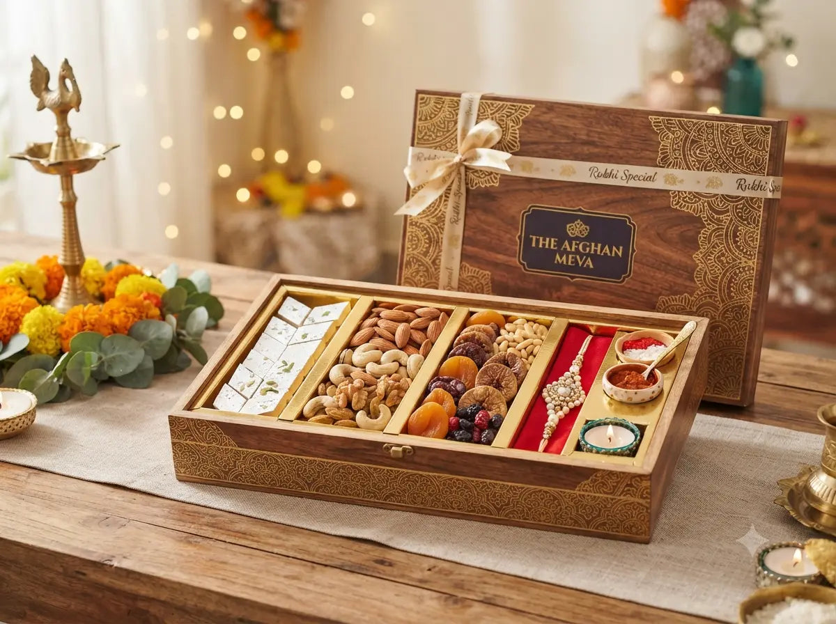 The Afghan Meva premium wooden Rakhi hamper under 1500 featuring kaju katli, assorted dry fruits, and an elegant pearl rakhi.