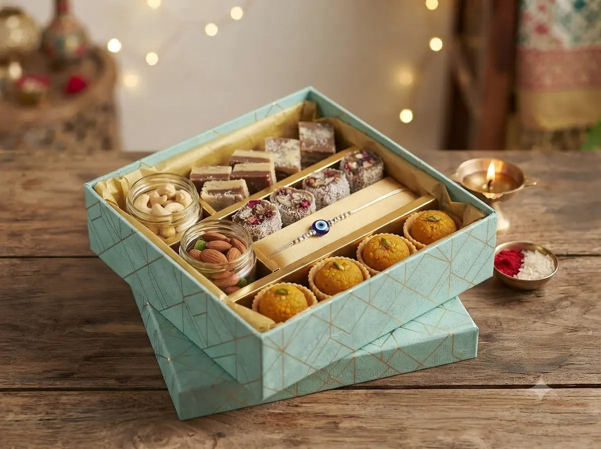 Modern turquoise Rakhi sweet gift box with assorted mithai, dry fruit jars, and a trendy Rakhi for 2026.