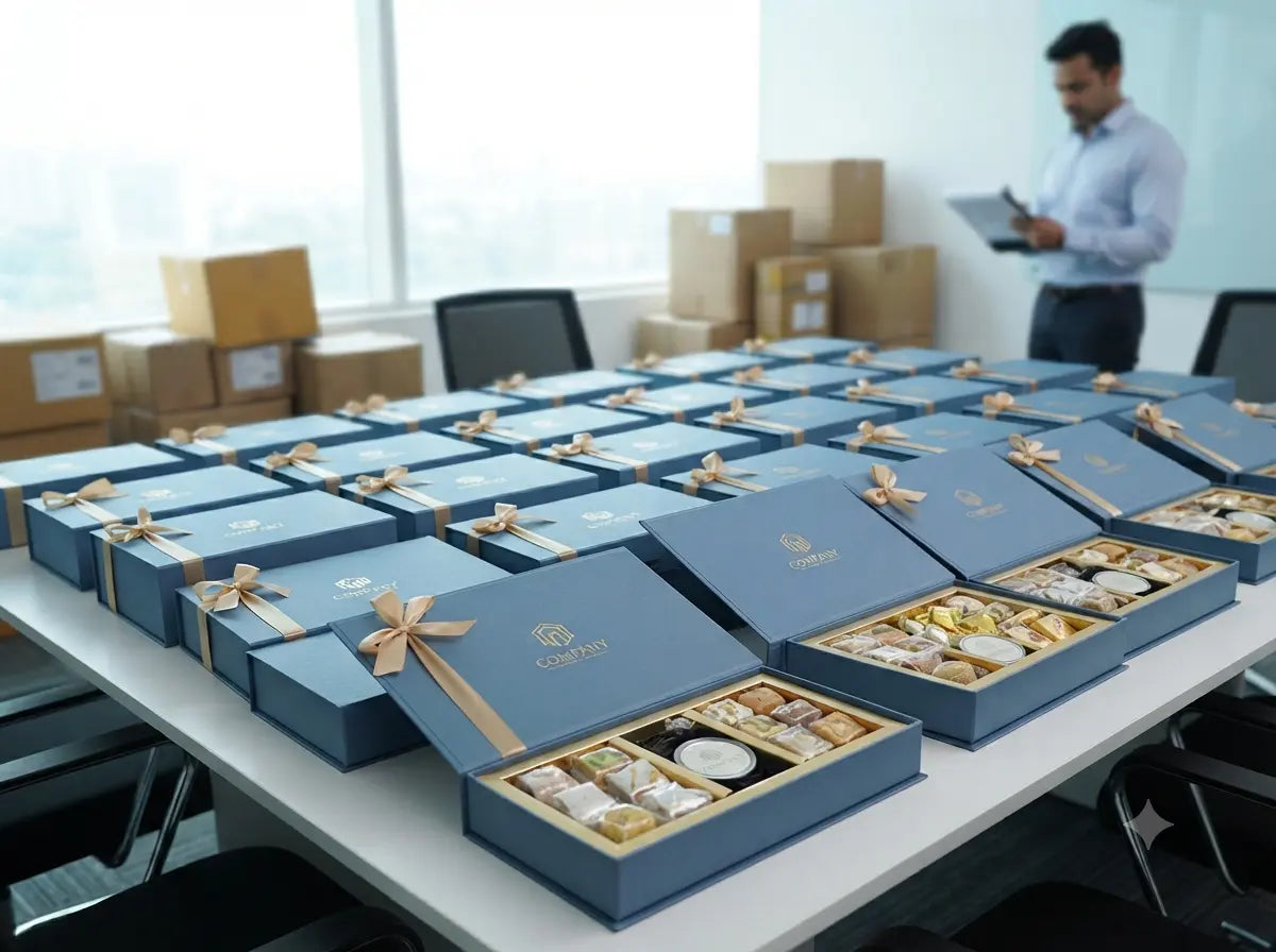 Bulk corporate Rakhi gift hampers with custom branding and assorted Indian sweets arranged in a modern office for B2B orders.
