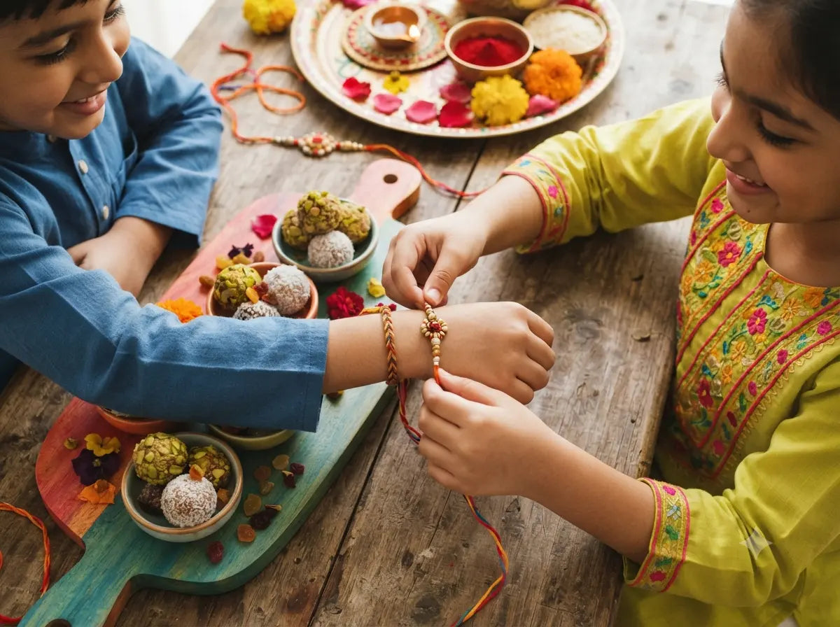Kids tying Rakhi next to a wooden board of healthy fruit and nut laddoos for Raksha Bandhan.