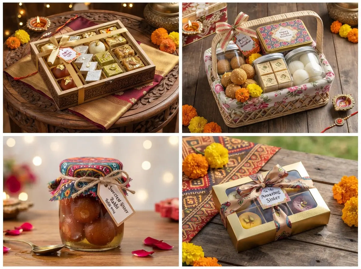 Elegant wooden box filled with assorted Indian sweets for Rakhi return gift.