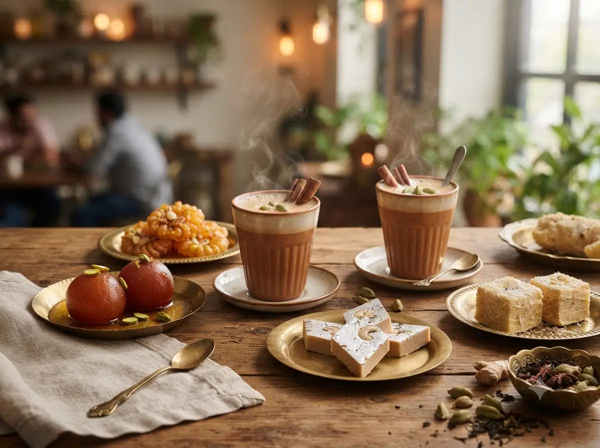 A clay cup of hot chai and a plate of Indian mithai on a wooden table   .