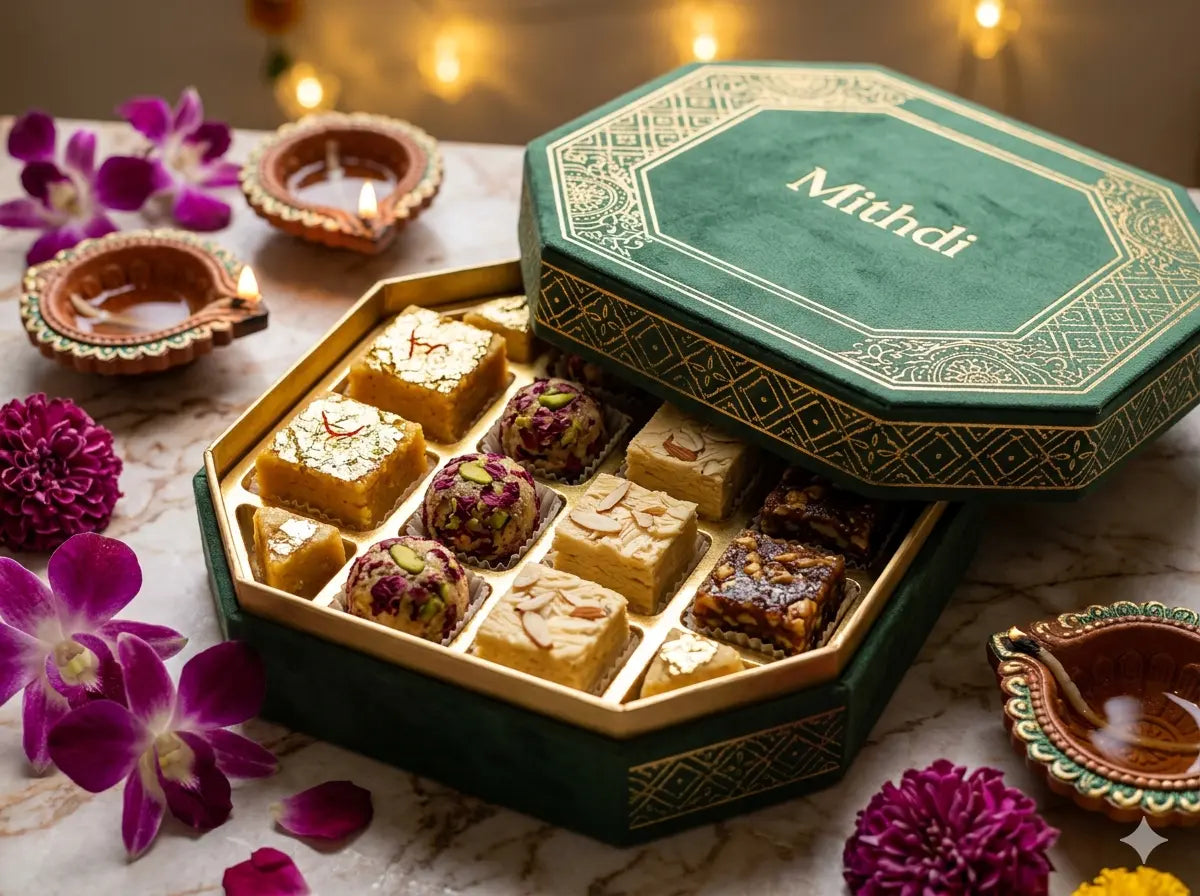 A hand opening a luxury cardboard Diwali mithai box filled with fresh Indian sweets, surrounded by traditional clay diyas and marigold flowers.