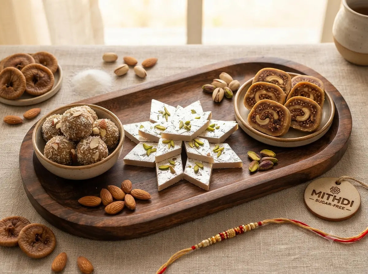 Mithdi Sugar-Free Rakhi gift box on wooden tray with Kaju Katli, Anjeer Rolls, and Almond Ladoos, featuring a Rakhi thread.