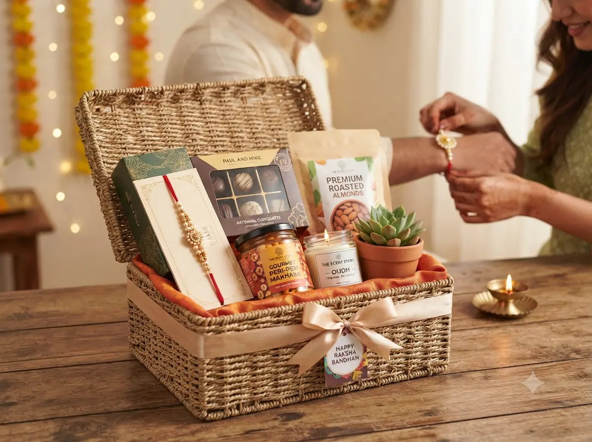 Traditional Rakhi sweet box filled with assorted Indian mithai, kaju katli, and ladoos alongside a festive rakhi for Raksha Bandhan.