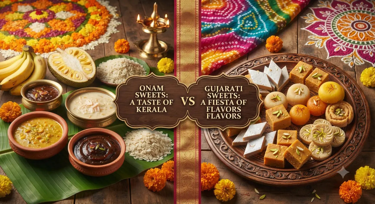 A split-screen comparison of traditional Onam sweets like payasam and banana chips on a banana leaf alongside Gujarati festival sweets like kaju katli and laddu on a wooden platter.