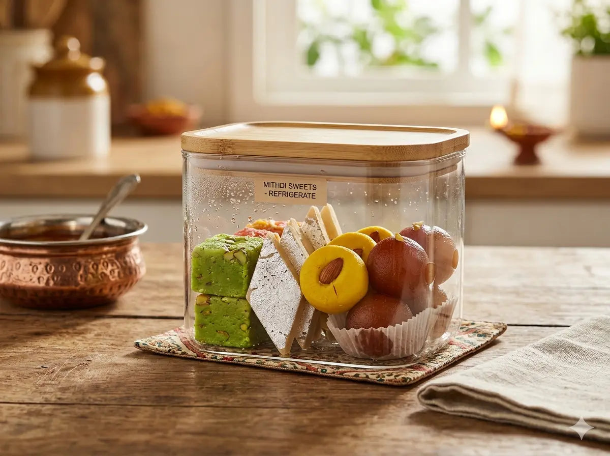 Proper storage of Indian sweets: a variety of Mithdi arranged in a clear, airtight container to maintain freshness.