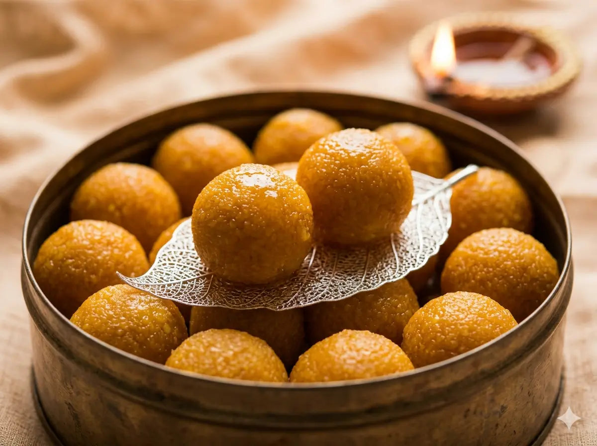 Close-up of golden Motichoor Ladoos in a traditional brass gift box for Diwali.