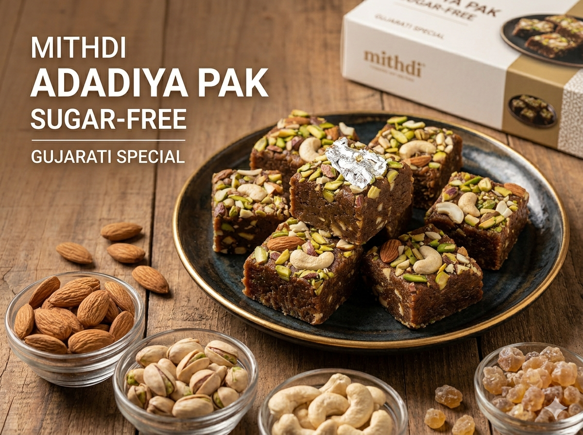 Premium sugar-free Adadiya Pak by Mithdi Sweets, garnished with pistachios and almonds, served on a traditional plate.