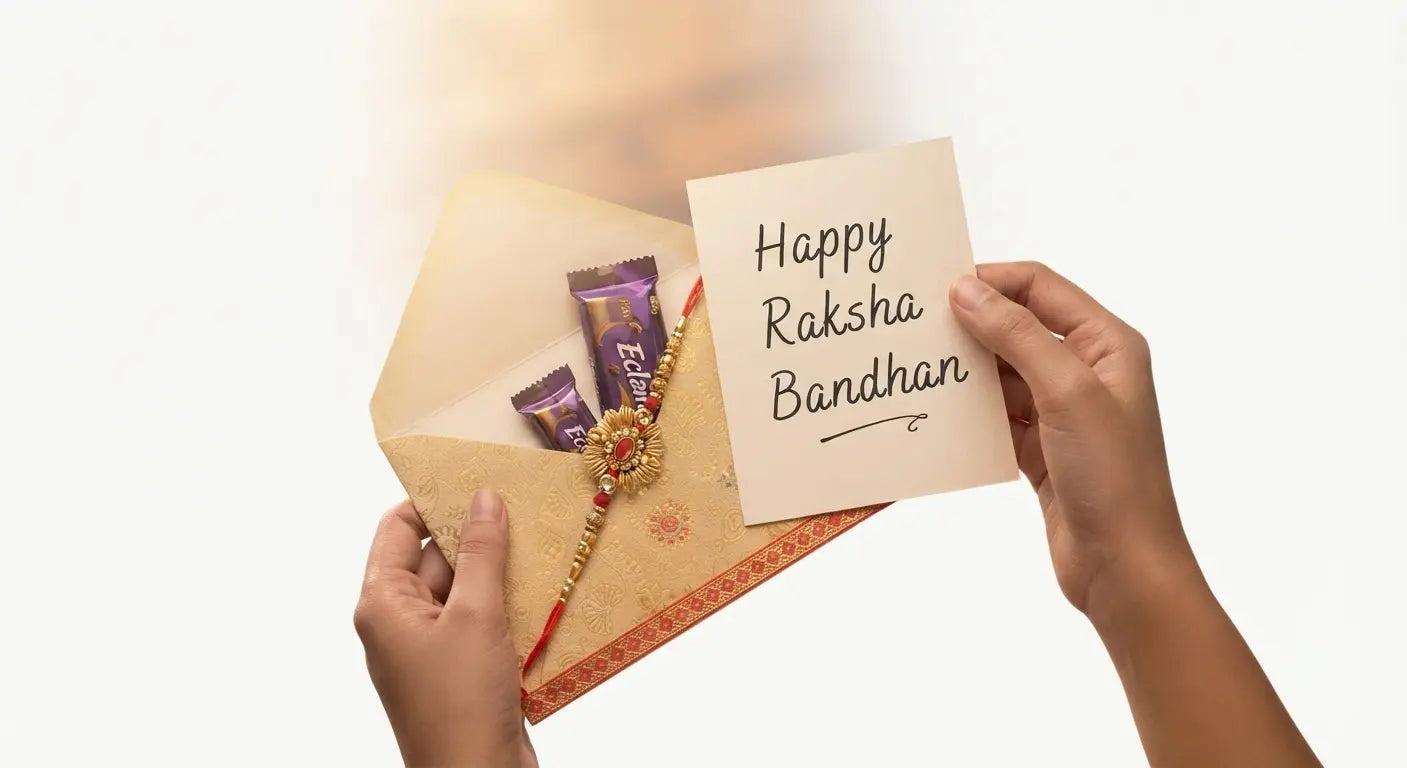 Sister tying a traditional Rakhi on her brother's wrist during Raksha Bandhan celebration in Delhi NCR.