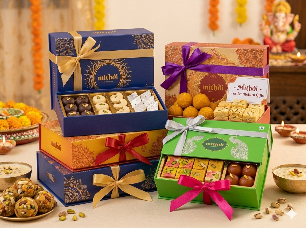 Assorted traditional Navratri food gifts. Box with falahari makhana kheer, coconut dry fruit ladoo, and anjir rolls.