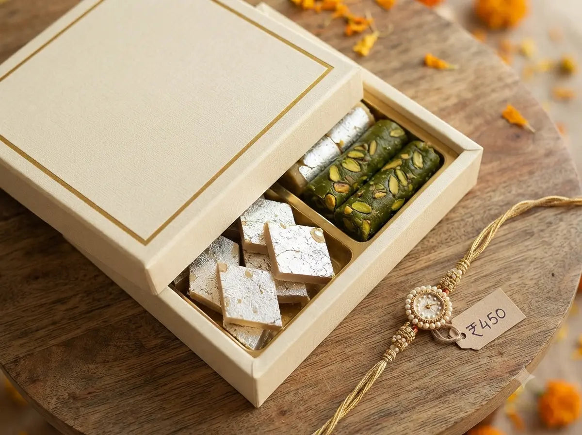 Premium Kaju Katli and pista roll Rakhi gift box under ₹500 from Mithdi Sweets.