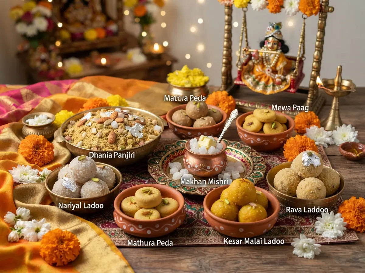 A festive Janmashtami spread featuring labeled bowls of Indian sweets and prasad like Panjiri, Ladoos, Peda, and Makhan Mishri, arranged with marigolds and a swing with Lord Krishna.