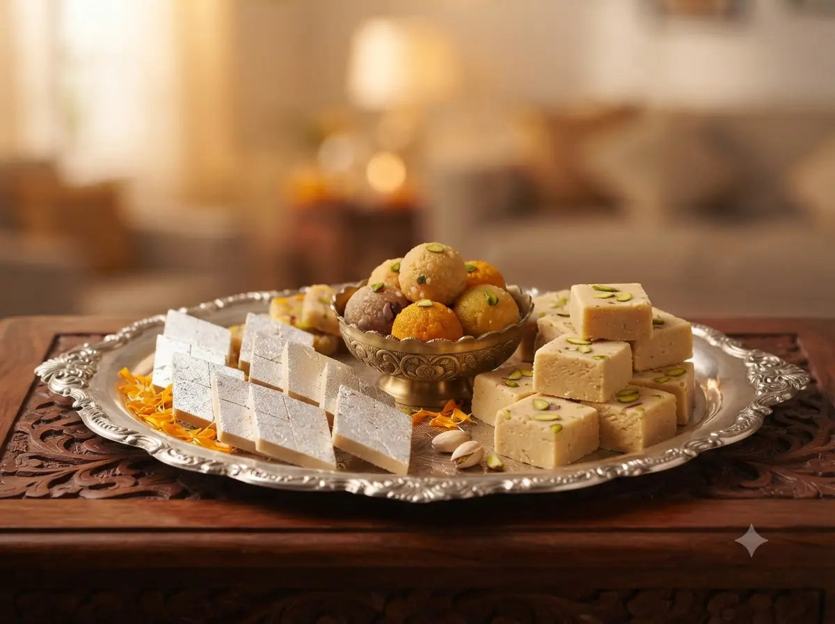 Silver platter filled with traditional Indian sweets like Kaju Katli, Motichoor Ladoo, and Soan Papdi for a housewarming gift.