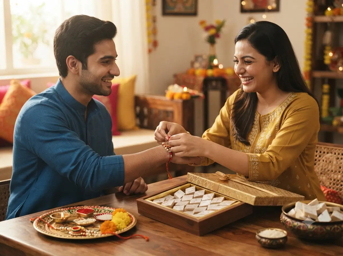 Kaju Katli for Rakhi, Rakshabandhan sweet gifting, traditional Indian festival food photography, premium Indian sweets gift box.