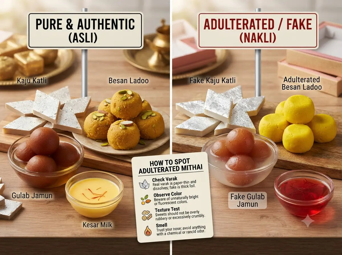 Pure vs. fake adulterated Indian sweets safety comparison