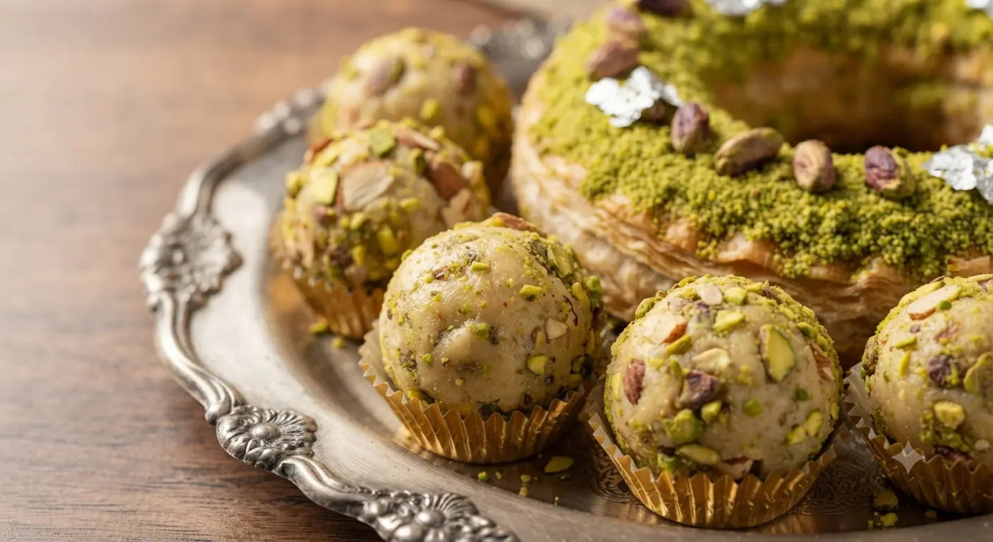 Premium flaky Pista Ring pastry topped with ground pistachios, whole nuts, and silver leaf on an ornate silver tray.