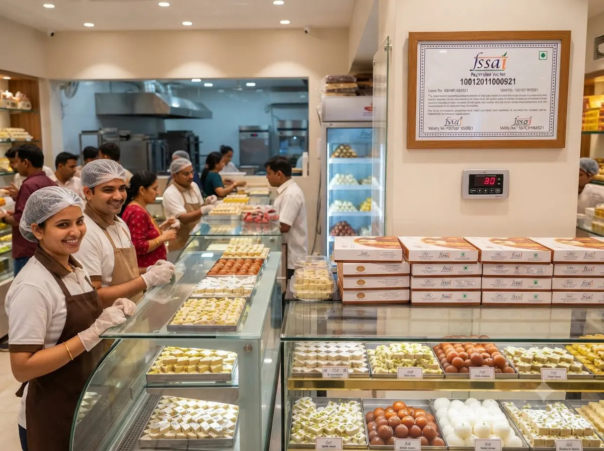 Mithdi Sweets clean artisanal counter showcasing FSSAI compliant mithai trays and framed license