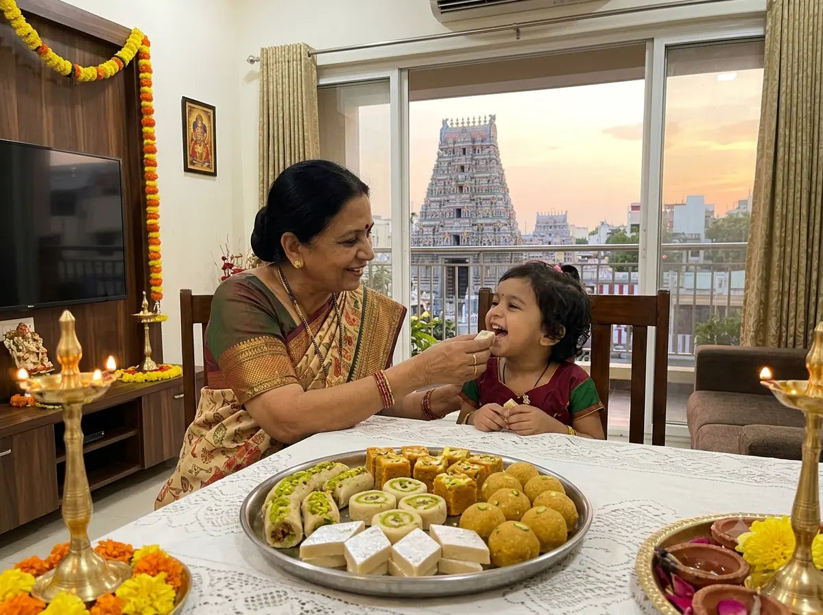 An elegant presentation of fresh Gujarati sweets and a modern e-commerce setup, showing how to order premium Mithai online with "Mithdi Sweetz & Eatz.