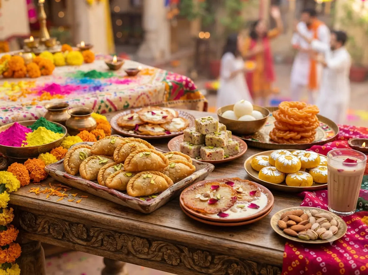 Traditional Indian Holi sweets spread including gujiya, jalebi, malpua, and thandai on a festive wooden table.