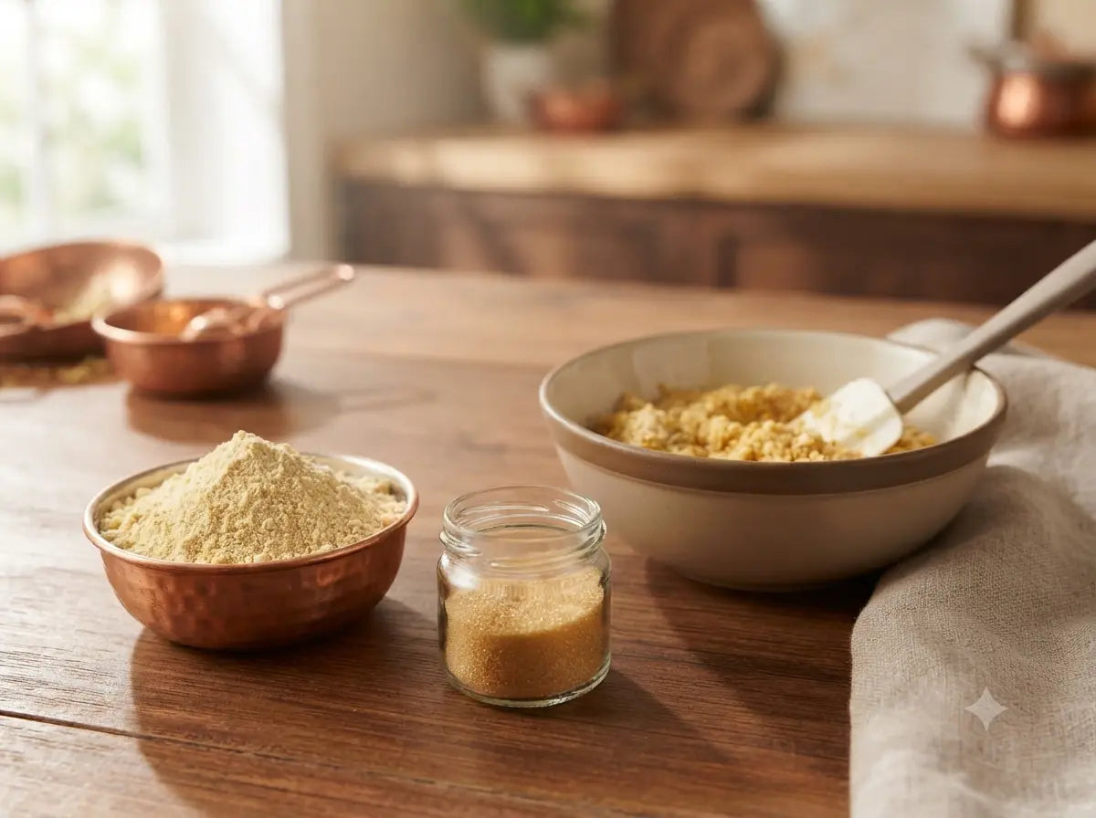 Wholesome besan and ingredients for making healthy, diabetic-friendly Mithdi sweets.