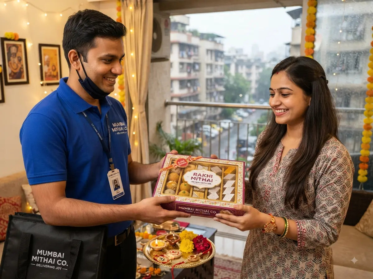 A delivery executive in a blue polo shirt handing over a festive gift box of fresh sweets and mithai labeled "Rakhi Mithai" to a smiling woman wearing a traditional kurta at her Mumbai apartment during Raksha Bandhan.