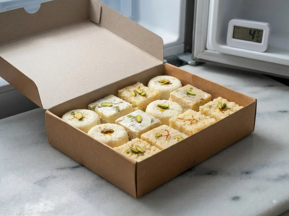 A cardboard sweet box filled with an assortment of fresh milk-based mithai like barfi and peda garnished with pistachios and saffron, placed on a marble surface near a refrigerator with a digital thermometer.