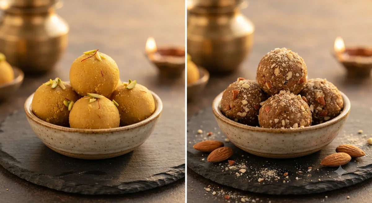 Close-up shot of nutrient-dense roasted almond ladoos coated in crushed almonds in a rustic ceramic bowl with whole almonds scattered on a dark slate tray.