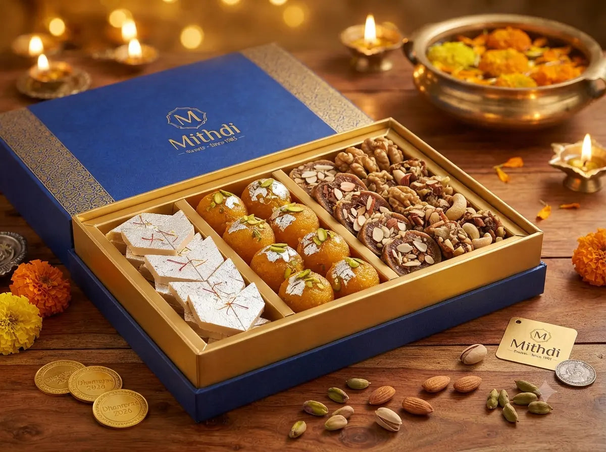 An open royal blue and gold luxury gift box from Mithdi Sweets filled with silver-foiled Kaju Katli, saffron Motichoor ladoos, and artisanal dry fruits, styled for Dhanteras 2026 with brass diyas and gold coins on a wooden table.