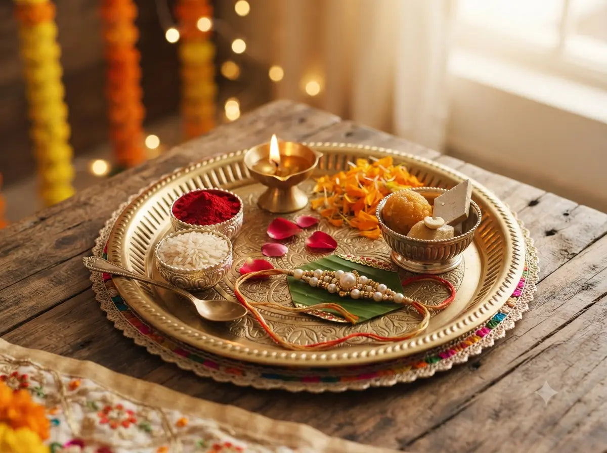 An ornate golden Rakhi puja thali with a pearl Rakhi, Diya, Roli, Akshat, and sweets, arranged on a wooden table for the Raksha Bandhan festival.