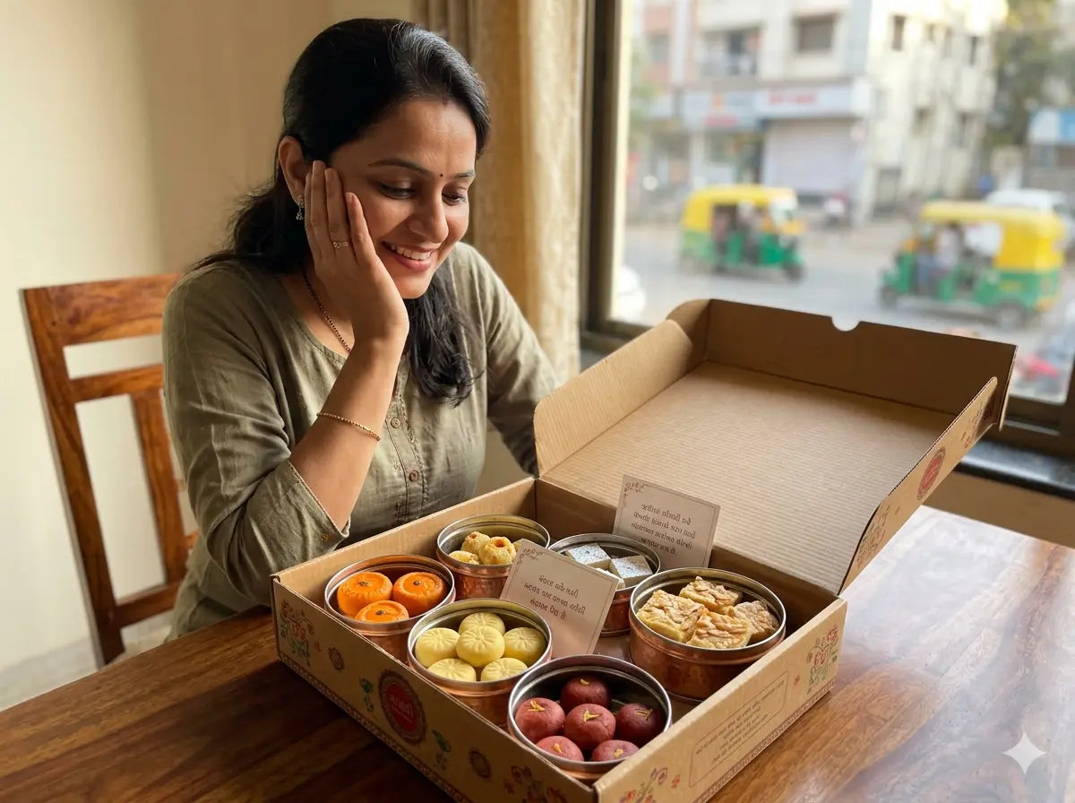 A happy customer unboxing a premium corporate gifting box from Mithdi Sweets, featuring authentic Gujarati mithai delivered from Surat.