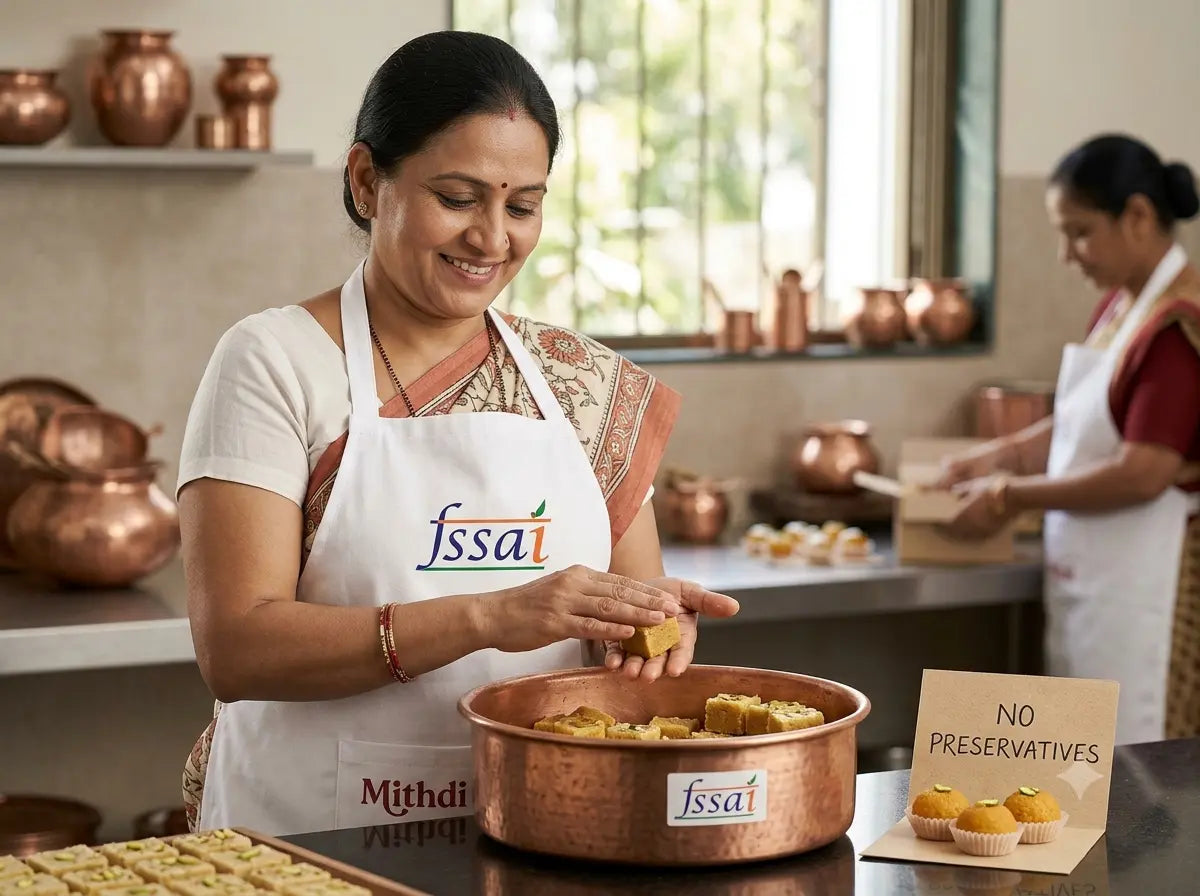 An elegant presentation of fresh Gujarati sweets and a modern e-commerce setup, showing how to order premium Mithai online with "Mithdi Sweetz & Eatz.
