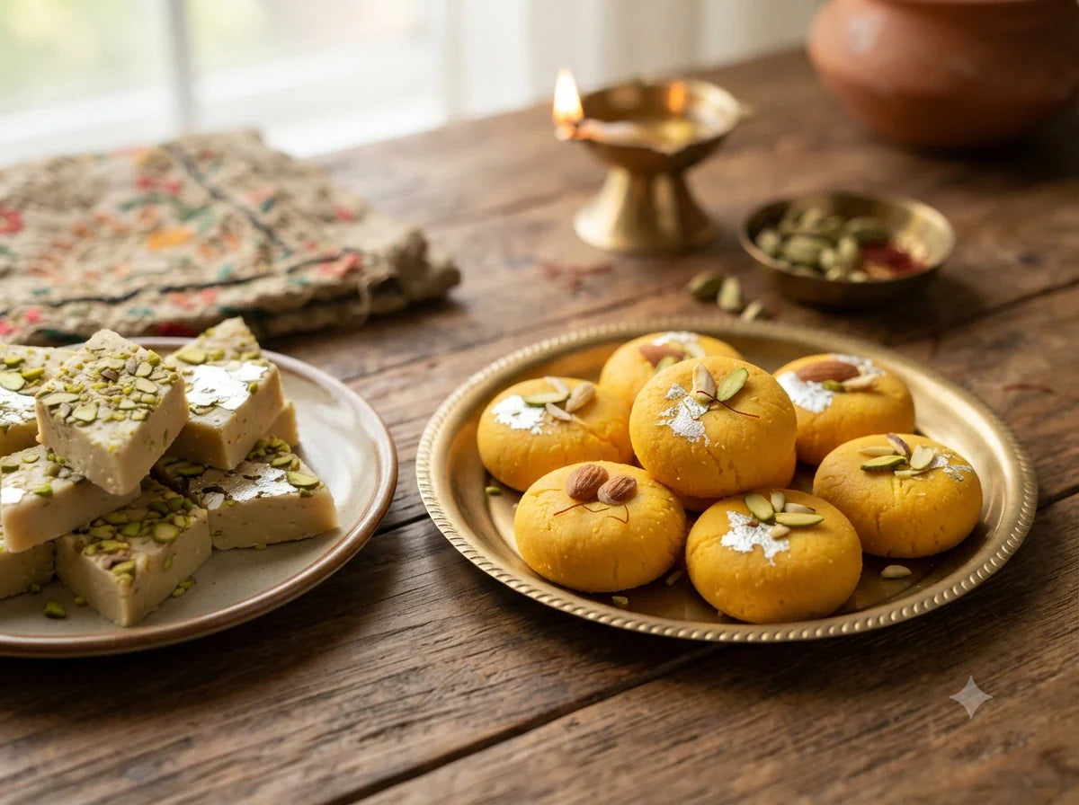 "Assorted Indian sweets featuring Peda and Burfi on a rustic wooden table, traditional handmade confectionery by Mithdi Sweets.