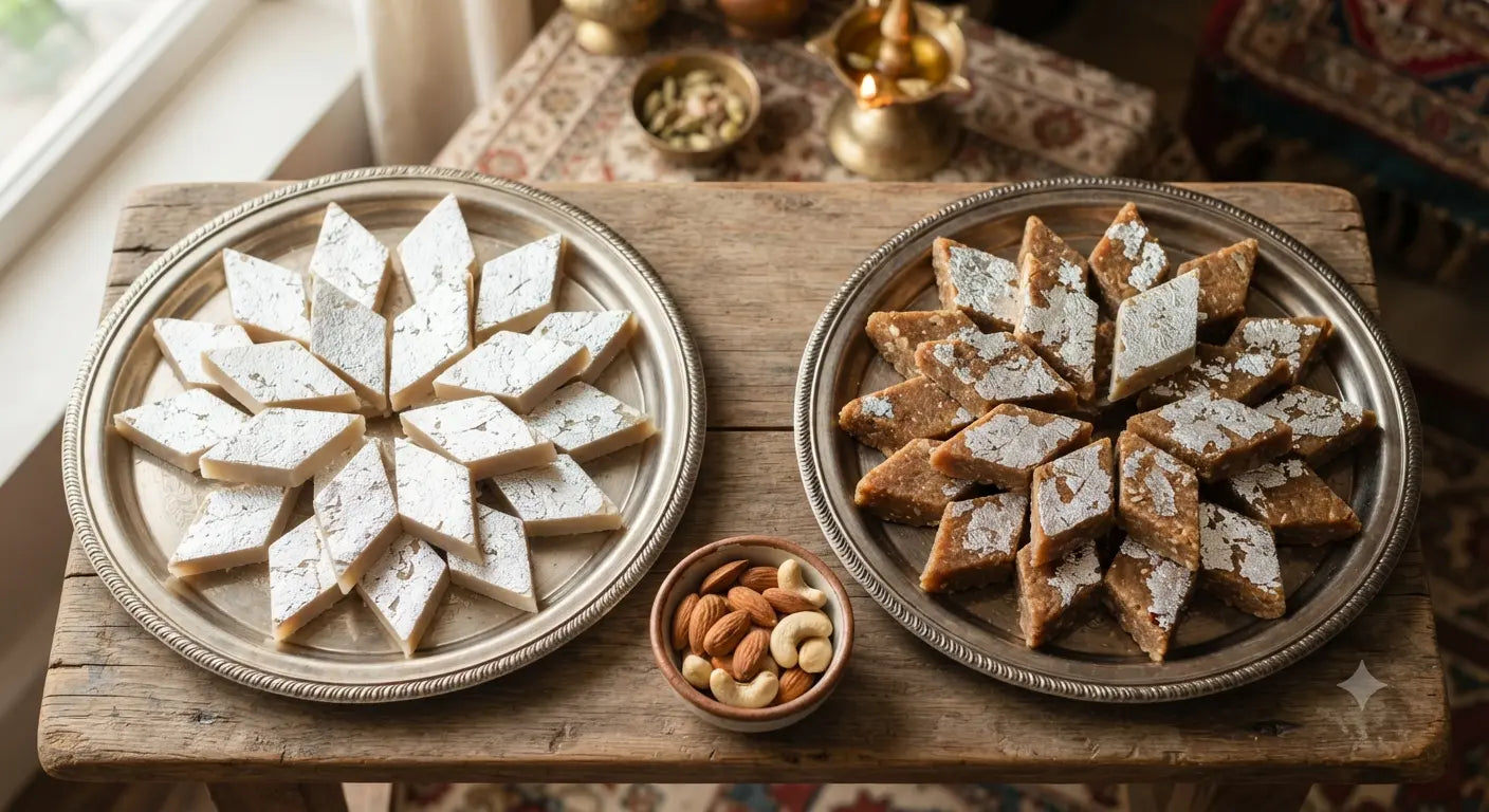 Two silver platters on a rustic wooden table: one filled with creamy-white Kaju Katali and the other with textured brown Badam Katali, both garnished with edible silver leaf (vark) and surrounded by raw cashews and almonds.