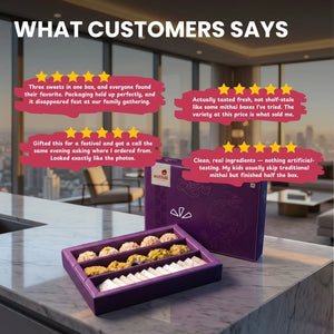 5-star customer reviews and testimonials for Mithdi’s premium assorted dry fruit sweet gift box.