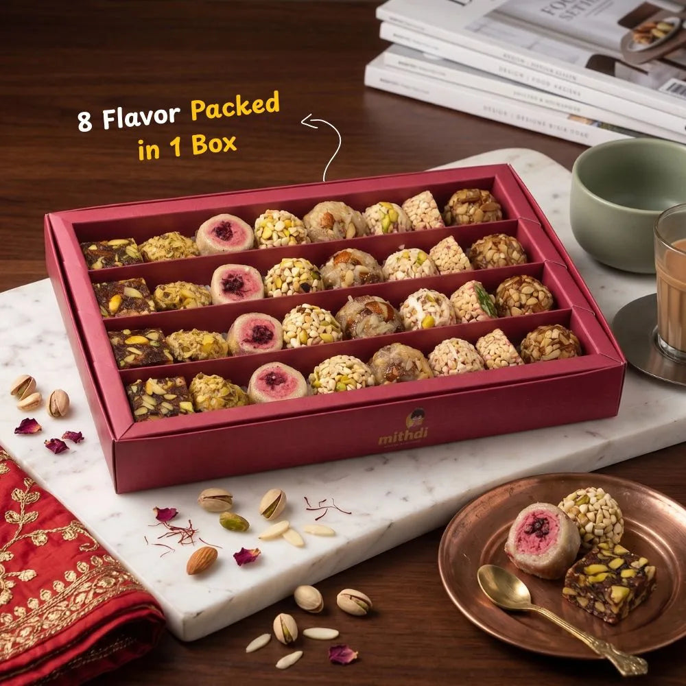 Mithdi 8-in-1 assorted Indian sweets gift box featuring diverse gourmet flavors