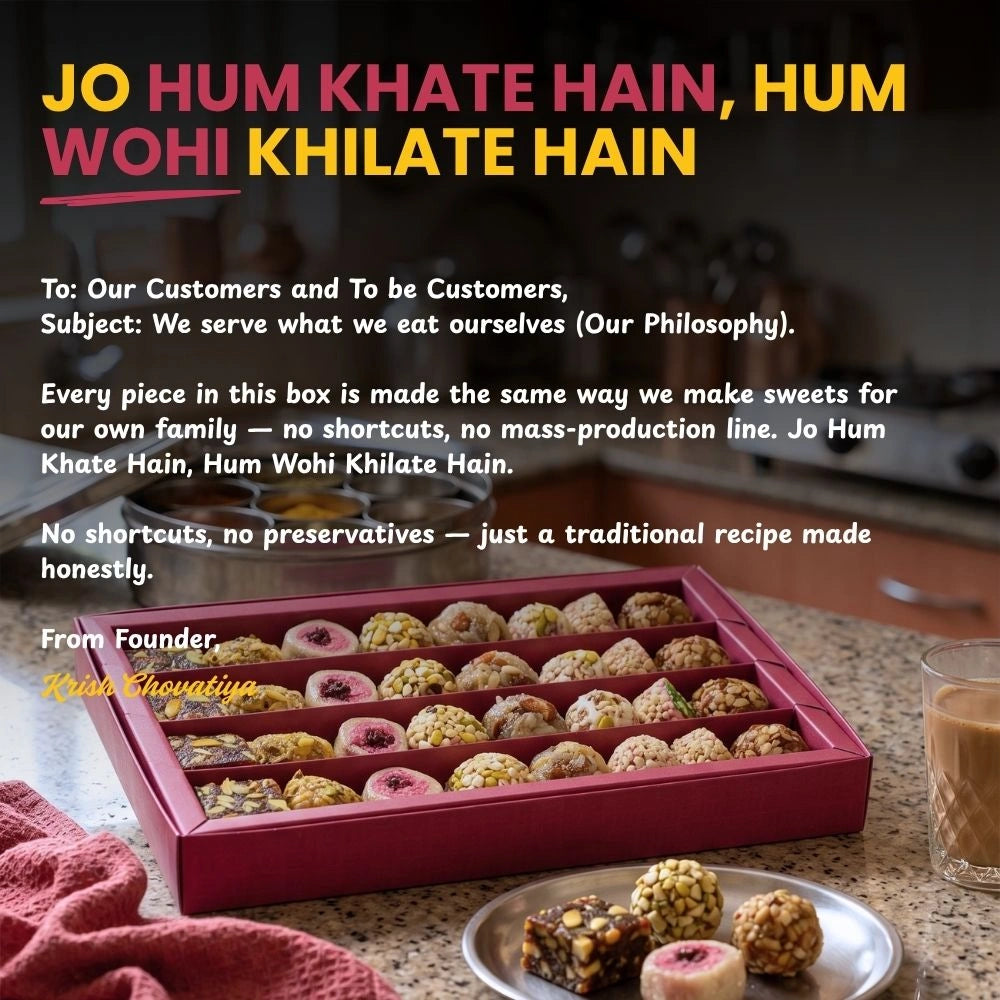 Assorted Mithdi sweet box with founder note emphasizing homemade philosophy and no preservatives