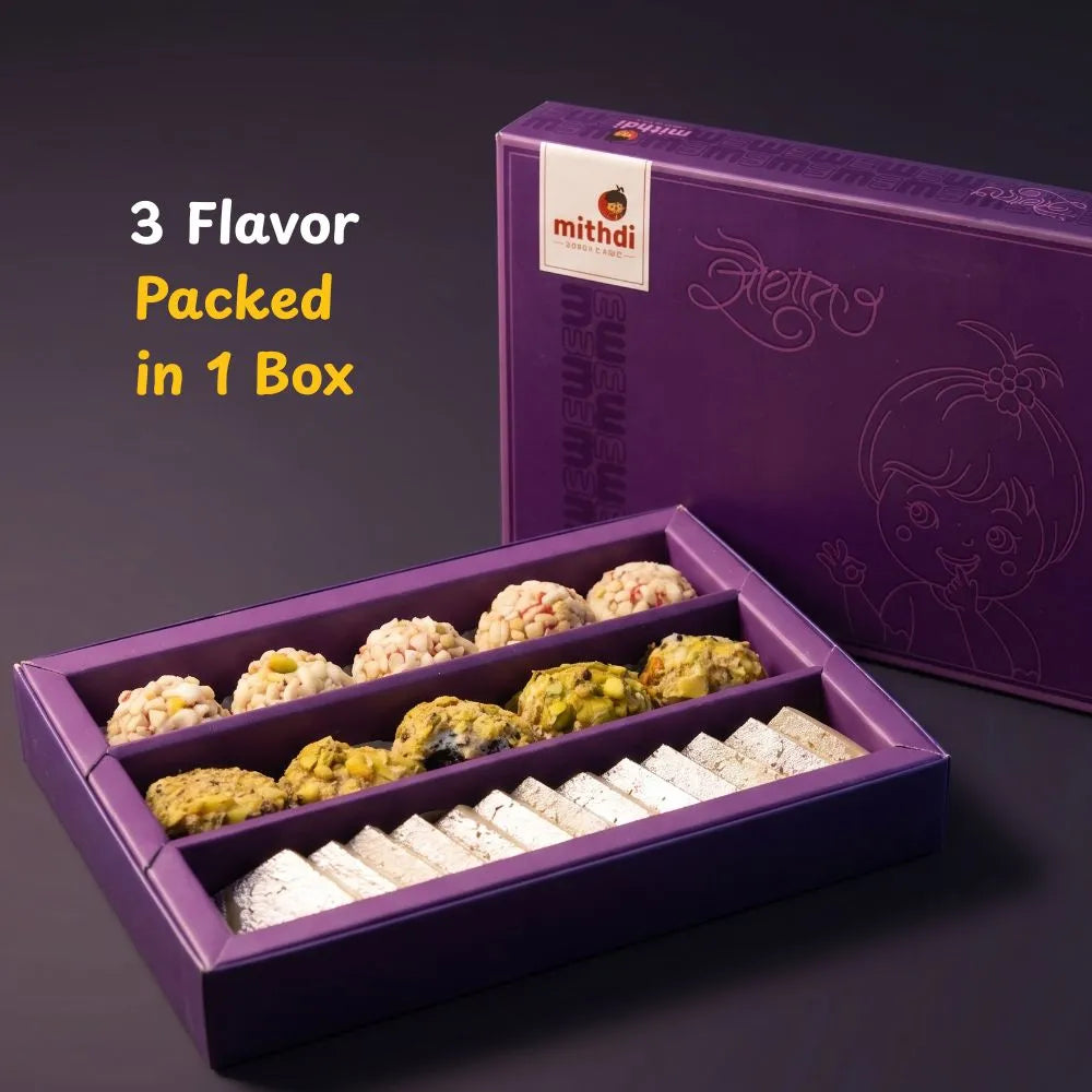Mithdi purple gift box containing 3 flavors of assorted dry fruit sweets.