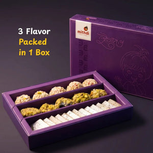 Mithdi purple gift box containing 3 flavors of assorted dry fruit sweets.