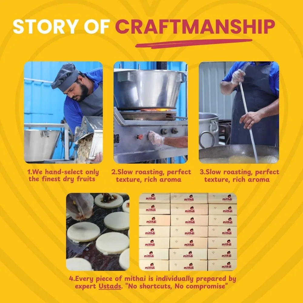 Story of craftsmanship showing hand-selected dry fruits, slow roasting, and expert preparation of mithai.
