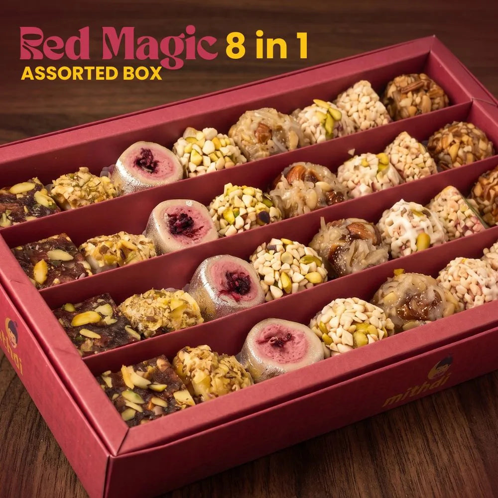Mithdi Red Magic 8-in-1 assorted sweet box showcasing various gourmet Indian dry fruit sweets
