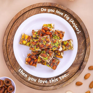 Premium Anjeer (Fig) and dry fruit bites by Mithdi Sweets, featuring crunchy almonds and pistachios.