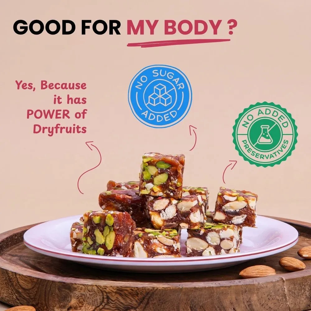 Close-up of a premium, nut-filled Khajur Chikki cube showcasing natural texture and ingredients.