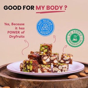 Close-up of a premium, nut-filled Khajur Chikki cube showcasing natural texture and ingredients.