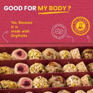 Mithdi assorted sweet box featuring health benefits, low sugar, and dry fruit ingredients