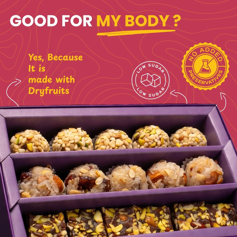 Assorted Dryfruit Sweet Box – 3in1 Version 3 | Kaju Pista Ladoo, Energy Ball & Khajur Chikki