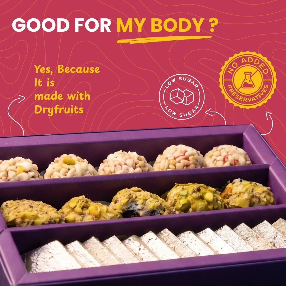 Low sugar, preservative-free dry fruit assorted mithai gift box good for health.