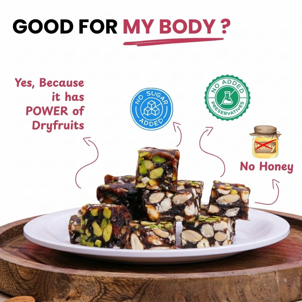 Stack of premium Mithdi Black Date Bites on a white plate, emphasizing no added sugar or preservatives.