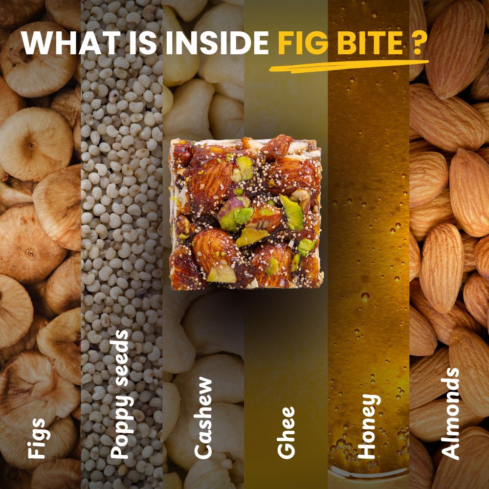 Ingredients of Mithdi Sweets Fig Bites including figs, poppy seeds, cashew, ghee, honey, and almonds.