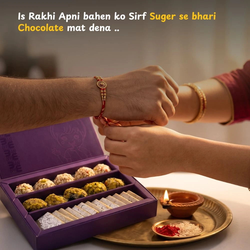 Celebrating Raksha Bandhan by tying a rakhi and gifting a healthy dry fruit sweet box.